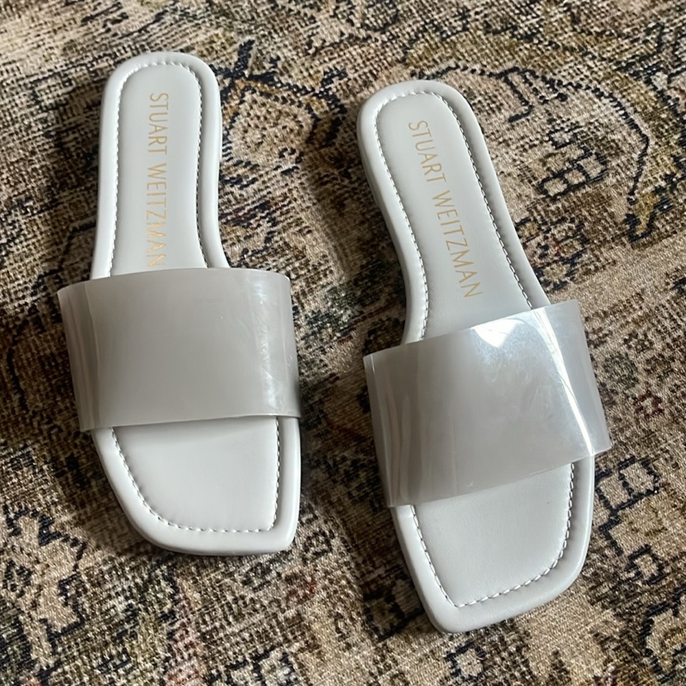 Stuart Weitzman White Slide Sandals with Clear Strap